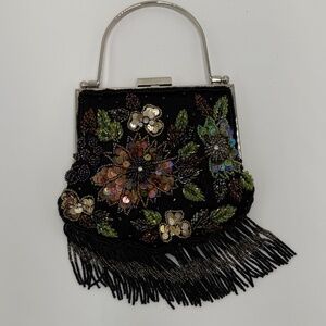 Vintage Black Beaded Floral Fringe Clutch